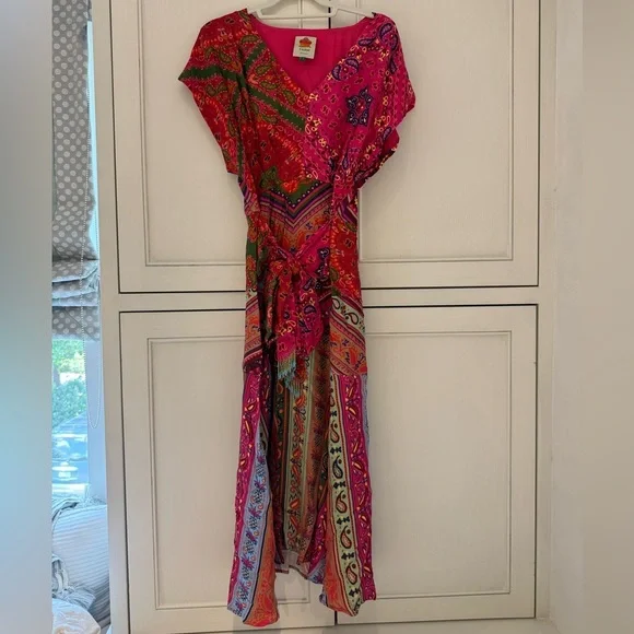 Farm Rio Colorful Floral Bandana Beaded Belt Waist Midi Dress size S - Picture 3 of 10